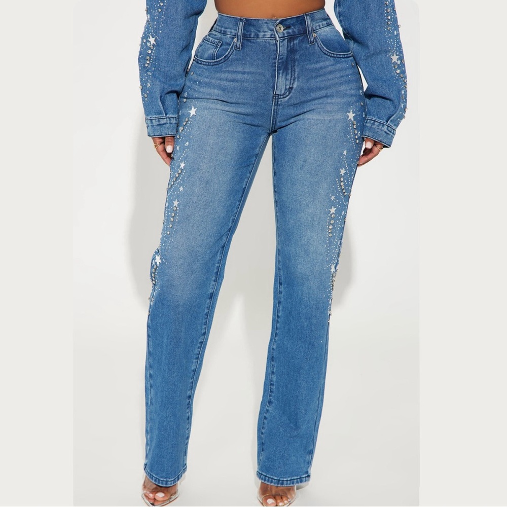 New Fashion Nova Starstruck embellished straight leg Jean,  medium wash